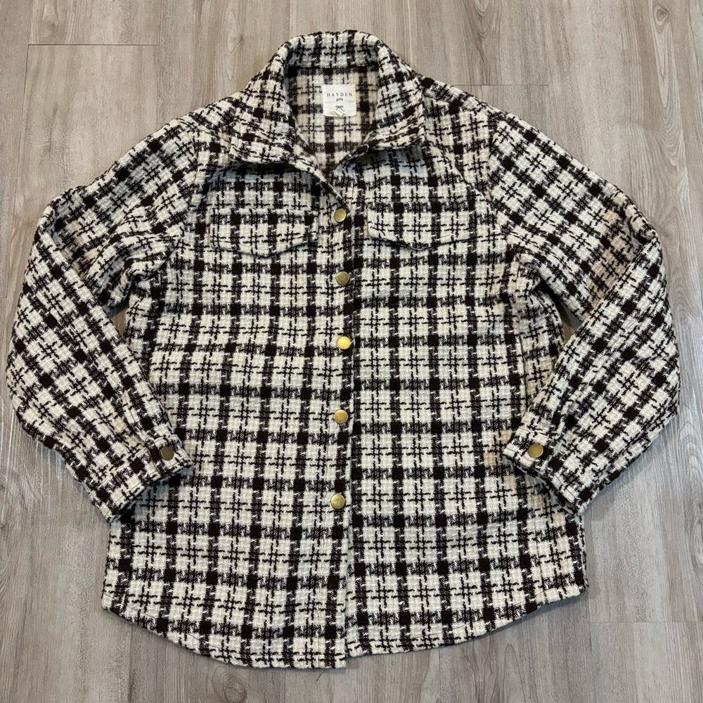 Hayden Girls Size XL Textured Check Jacket Pockets Button Up Fringe Back Shacket